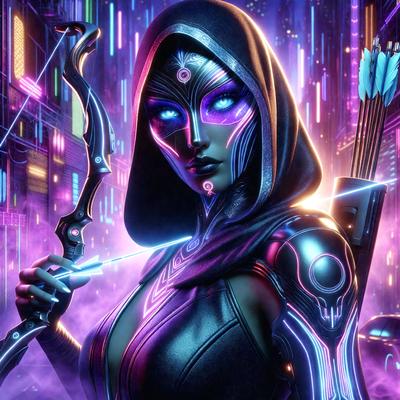 The primary subject of the image is a woman dressed in a black outfit, wearing a hood and holding a bow. She is standing in a futuristic cityscape, which serves as the setting for the scene. The visual style of the image is digital art, with the woman's outfit and the cityscape being rendered in a vibrant and colorful manner. The overall atmosphere of the image is one of fantasy and adventure, with the woman's attire and the futuristic citys